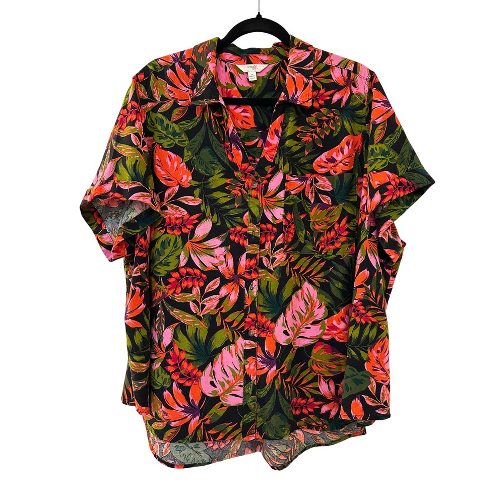 Terra & Sky Women 2X Tropical Floral Linen Button Down Shirt Vacay Beachy